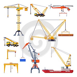 Construction and Cargo Cranes Collection, Heavy Transportation Service Vehicles and Elevating Equipment Flat Vector