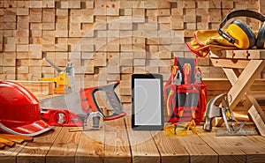 Construction Carpenters Tools Set On Wooden Background Smartphone Screen Mock Up