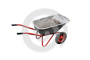 Construction cart with earth isolated on white background. Metal trolley with wheels. A tool for working in a garden or