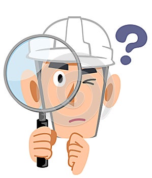 A construction clerk looking into a magnifying glass with doubts, a man wearing a helmet