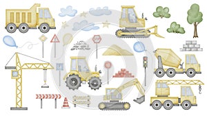 Construction clip art Set Watercolor illustration. Hand drawn baby boy toy car and road sign on isolated background