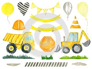 Construction clipart trucks children's collection for birthday party decoration Watercolor hand painted kids design