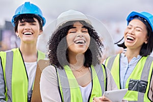 Construction, collaboration and friends laughing while working on a tablet on an architecture project. Building