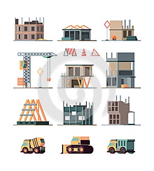 Construction complex. Engineer builders making big little houses steel and brick construction stages garish vector photo