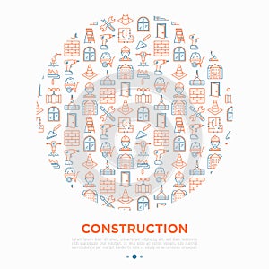 Construction concept in circle with thin line icons: builder in helmet, work tools, brickwork, floor plan, plumbing, drill, trowel