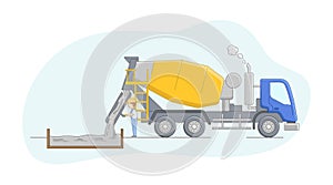 Construction Concept. Concrete Mixer Driver At Work. Worker Controls Concreting Process. Construction Machinery Operator