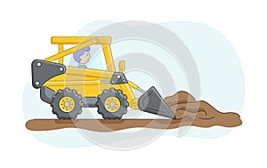 Construction Concept. Construction Truck With Driver. Bulldozer Rakes Sand Or Ground. Construction Machinery Operator