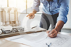 Construction concept, Hands of architect or engineer working for
