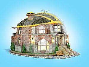 Construction concept house in the form of a construction helmet 3d render on blue gradient