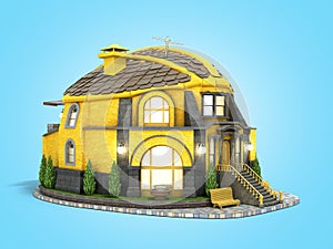 Construction concept house in the form of a construction helmet 3d render on blue gradient
