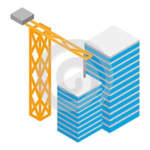 Construction concept icon isometric vector. Two skyscraper building tower crane