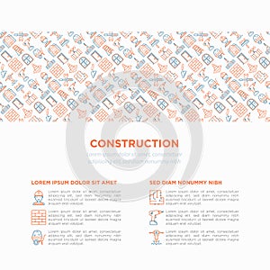 Construction concept with thin line icons: builder in helmet, work tools, brickwork, floor plan, plumbing, drill, trowel, traffic