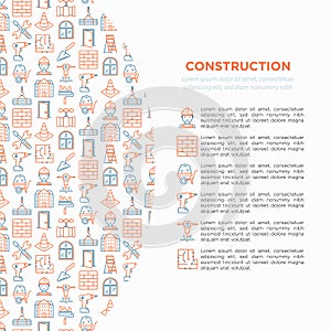 Construction concept with thin line icons: builder in helmet, work tools, brickwork, floor plan, plumbing, trowel, traffic cone,