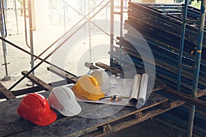 Construction concepts, Close up helmet at Construction Site