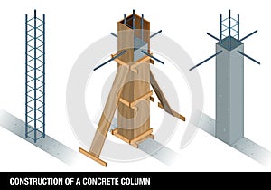 CONSTRUCTION OF A CONCRETE COLUMN. The graph shows a column of concrete before and after the wooden formwork on a white background photo