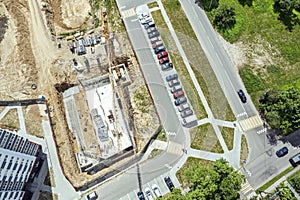 Construction of concrete foundation for new apartment building. aerial top drone view
