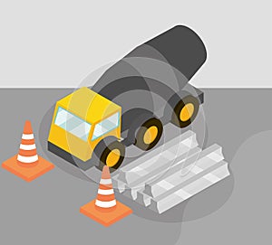 Construction concrete mixer truck bars equipment and traffic cones isometric