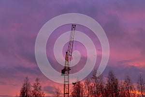 Construction crane on the background of the twilight sky at the construction site in autumn