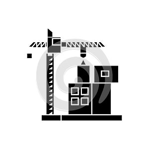 Construction crane building black icon concept. Construction crane building vector sign, symbol, illustration.