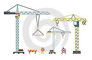 Construction crane. Building equipment in flat style. Vector illustration isolated on white background.