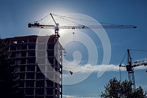 Construction crane on a building site against blue sky background. Development concept
