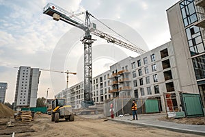 Construction crane at building site modern construction