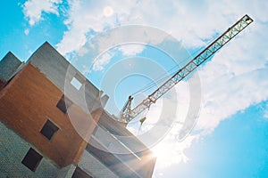 Construction crane builds a house in the afternoon