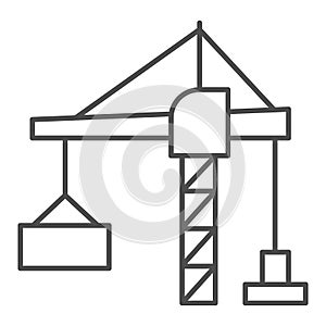 Construction crane with a container thin line icon, hoisting machines concept, harbor lifter sign on white background