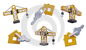 Construction crane with empty hook, key with house tag. Set of vector 3D elements