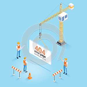 Construction crane hanging 404 error page not found and web site under construction or maintenance concept. Isometric vector