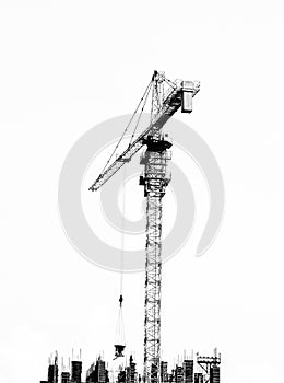 Construcción grua es un casa aislado sobre fondo blanco (en blanco y negro) 