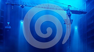 Construction crane illuminated by blue lights at night