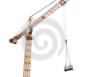 Construction crane lifting cargo isolated on withe background