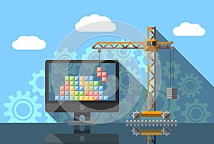 Construction crane lifting colorful cubic boxes in computer
