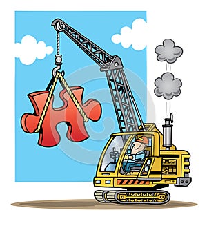 Construction crane lifting a large red puzzle piec