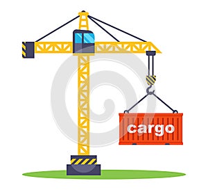construction crane lifts a red container with goods. loading a container for transportation.