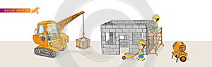 Construction crane mortar machine ladder woman man wheelbarrow cartoon vector set