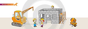 Construction crane mortar machine ladder woman man wheelbarrow cartoon vector set
