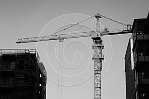 Construction crane on the sky background among buildings