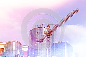 Construction crane towers over house under construction against blue sky.