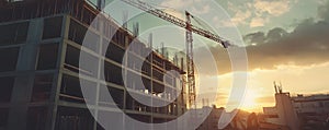 Construction Site Building Crane Sunset Sky Urban Development
