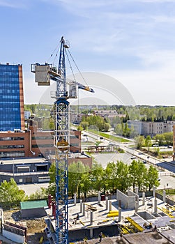 Construction crane, view from the level of the crane cabin