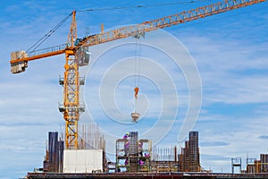 Construction crane and worker of building industry with blue sky