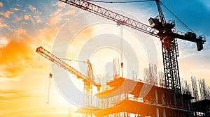 Construction cranes building modern skyscraper at sunset