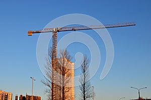 construction cranes and building silhouettes over sun at sunrise. Abstract Industrial background of blue sky and