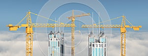 Construction cranes and buildings over the clouds