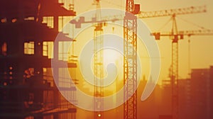 Construction cranes at sunset.AI generated image