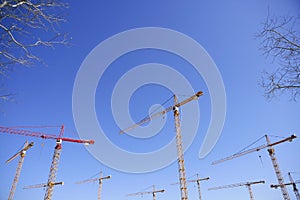 Construction cranes view over blue sky