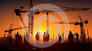 Construction cranes and workers silhouettes in orange sky sunset. Generative AI