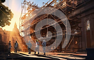 construction crew collaborating on a large building project diverse workers discussing plans